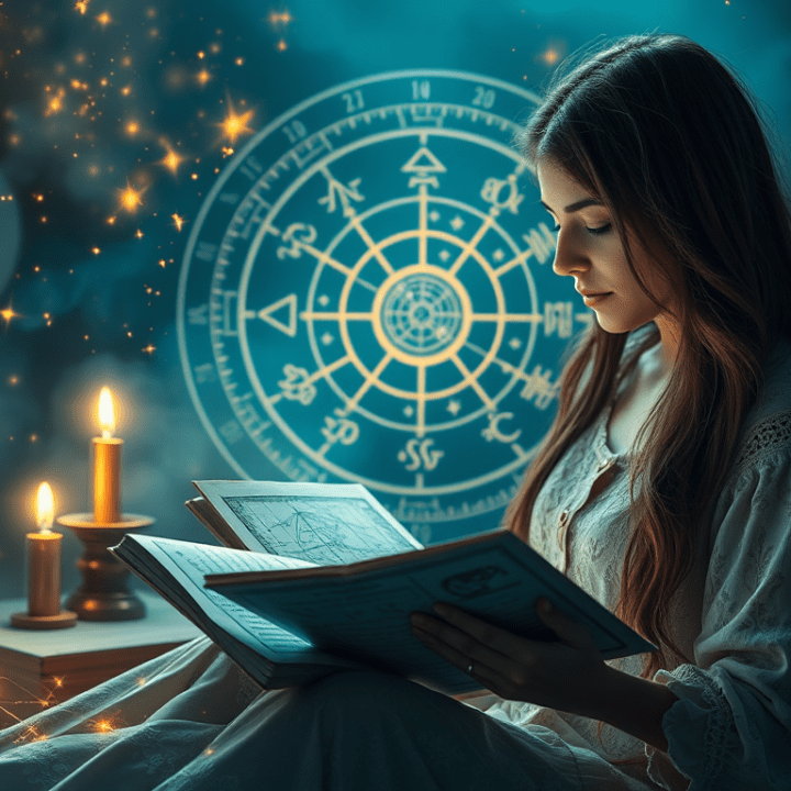 Mystische Szene einer Person, die ein astrologisches Buch studiert, umgeben von leuchtenden Sternbildern und kosmischen Energien. Im Hintergrund erscheinen astrologische Symbole und ein Horoskop-Diagramm.