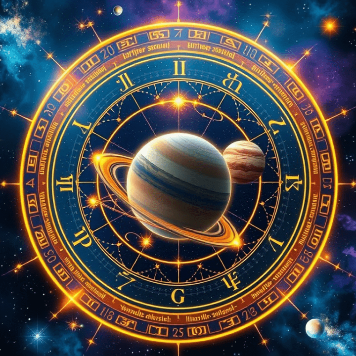 Mystisches astrologisches Kunstwerk mit einem leuchtenden Geburtshoroskop im Zentrum. Kosmische Energielinien verbinden die Himmelskörper, während Saturn und Jupiter im Vordergrund leuchten. Strahlende Sterne und eine galaktische Nebelwolke erzeugen eine magische Atmosphäre.