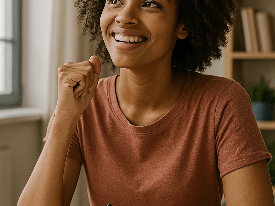 Inspirierte Frau mit Notizbuch – Symbol für neue Ideen durch astrologisches Coaching und Lebensberatung.